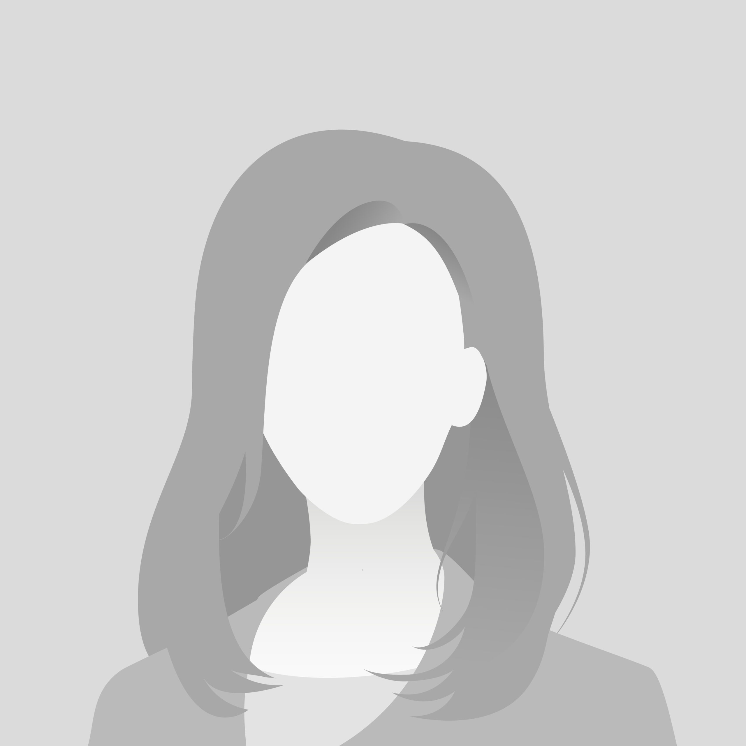Default avatar placeholder image of a woman with long hair and shoulder-width silhouette on gray background