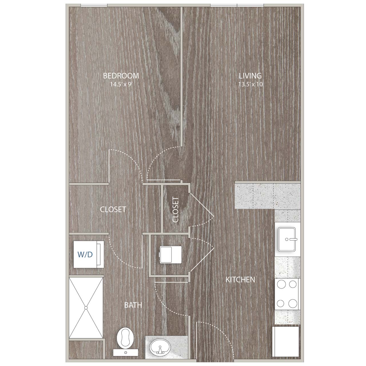 One bedroom, one bath floor plan at Elevate 340, 605 square feet
