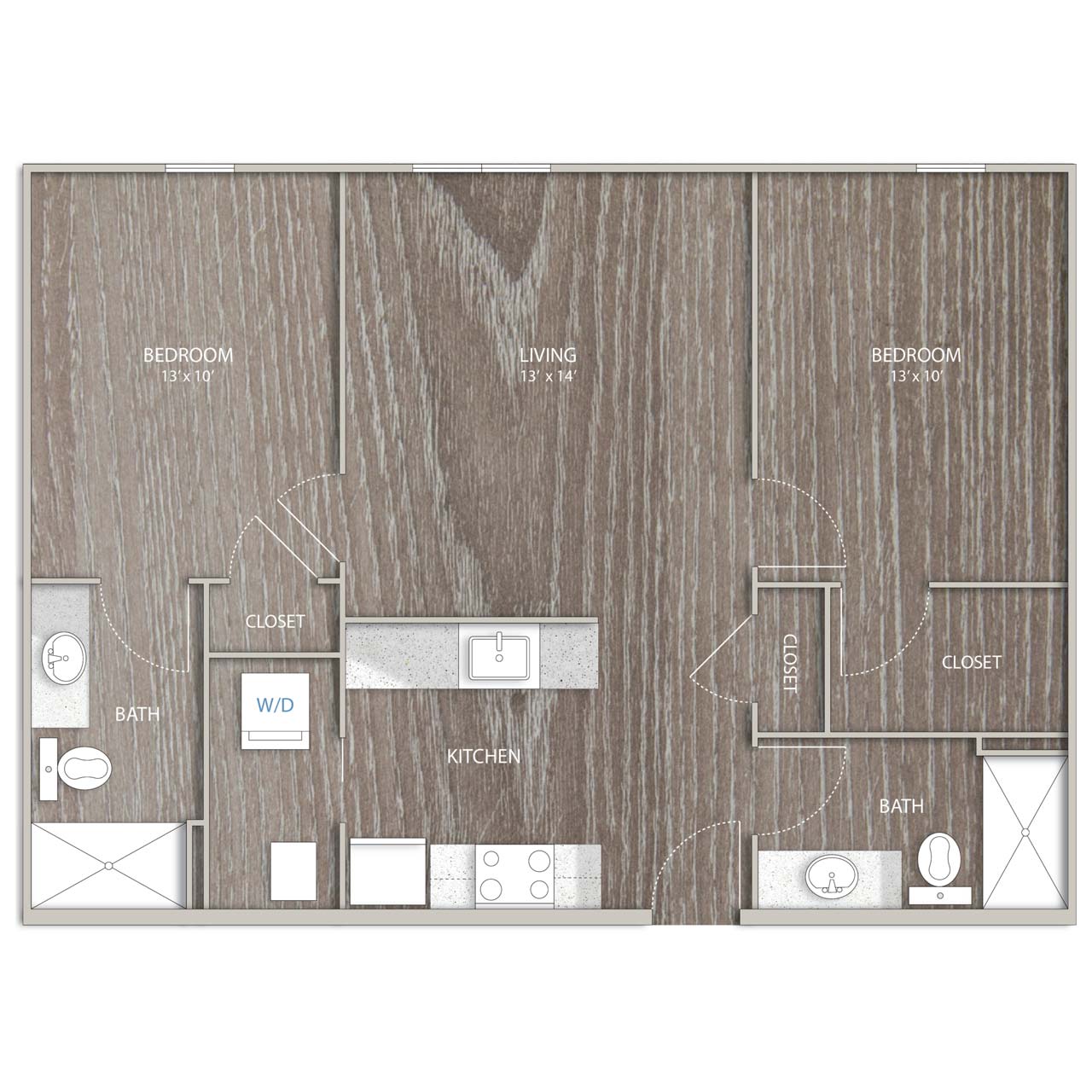 Two bedroom, two bath floor plan at Elevate 340, 925 square feet