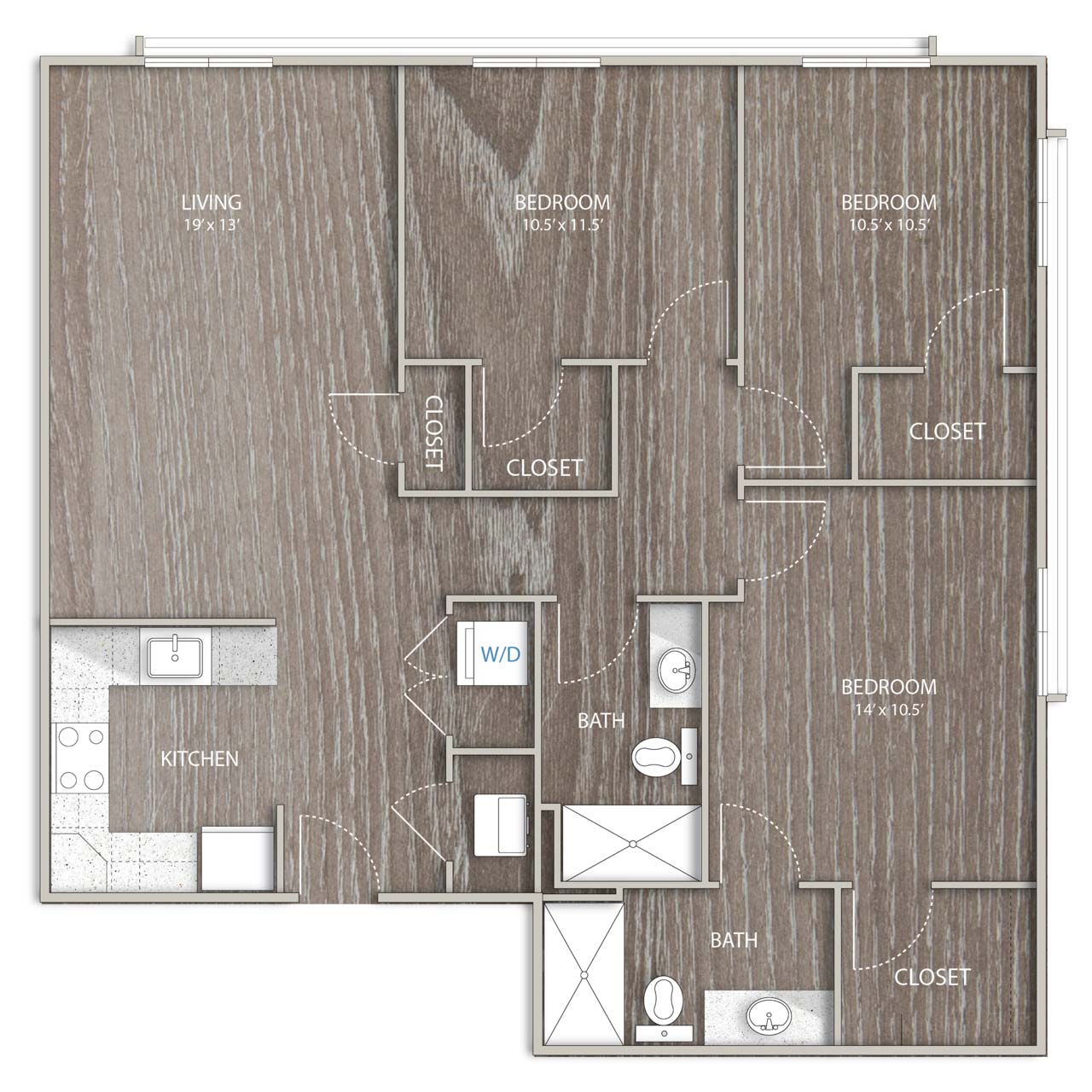 Three bedroom, two bath floor plan at Elevate 340, 1,200 square feet