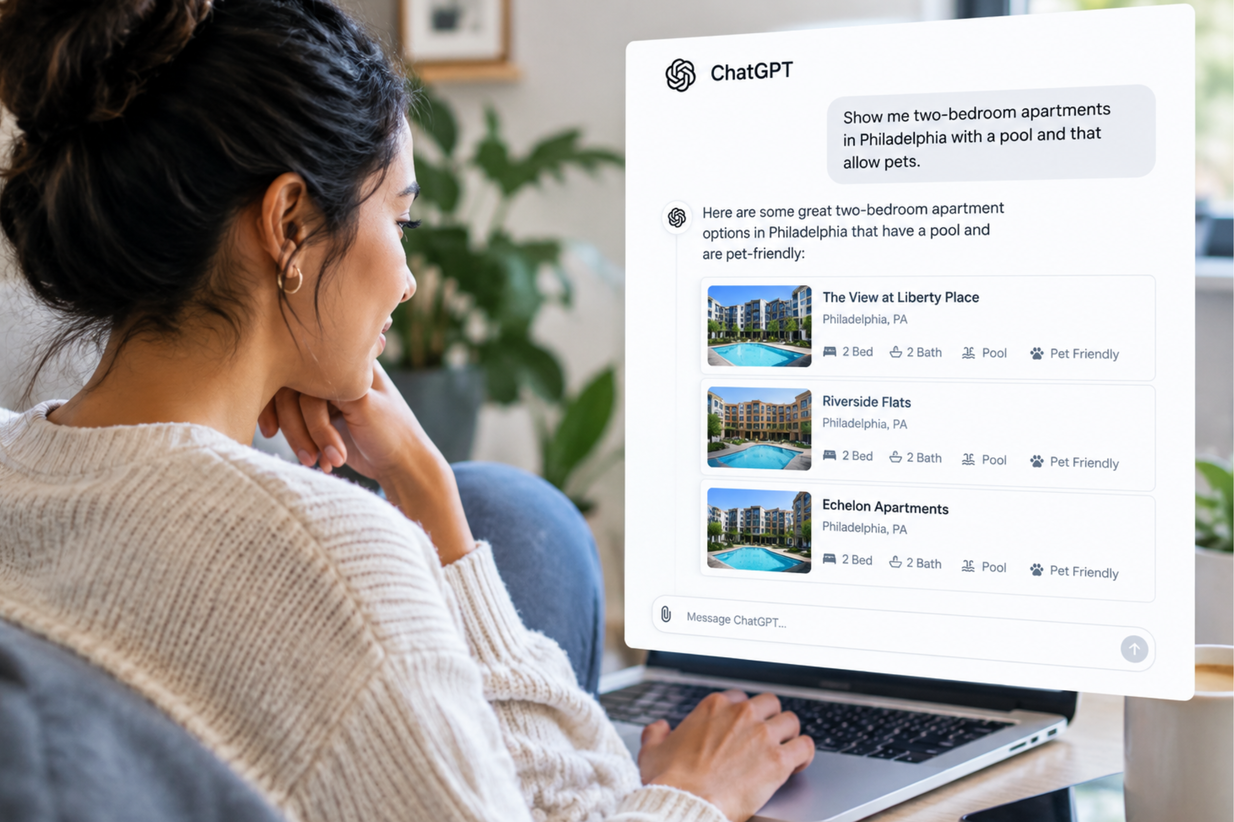 A multifamily marketing professional reviewing an AI Visibility Report on a laptop