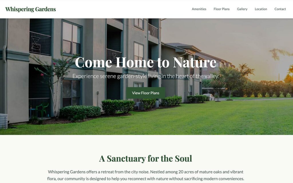 Whispering Gardens website home page template example
