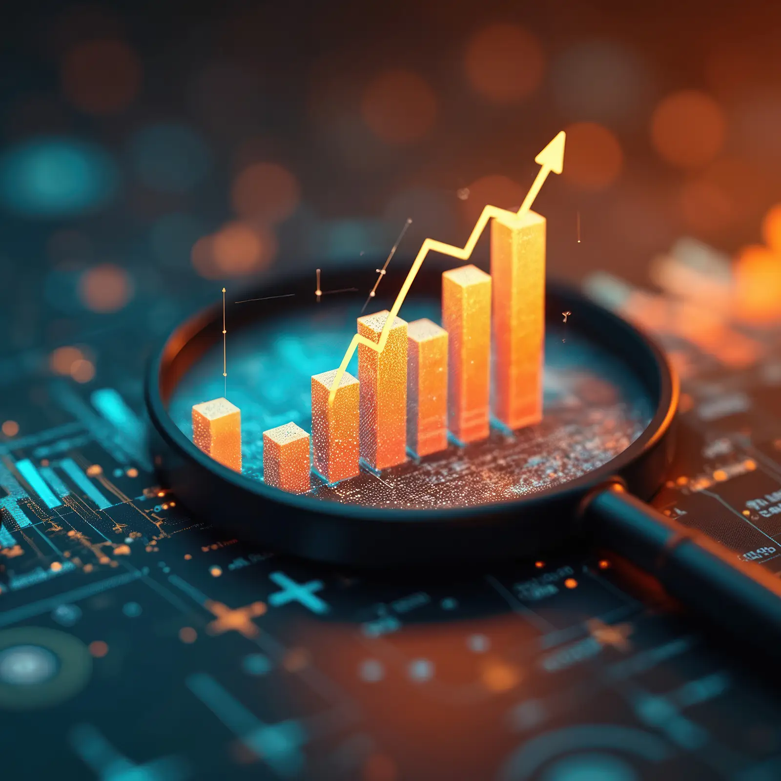 magnifying glass showing a holographic display of market growth charts.